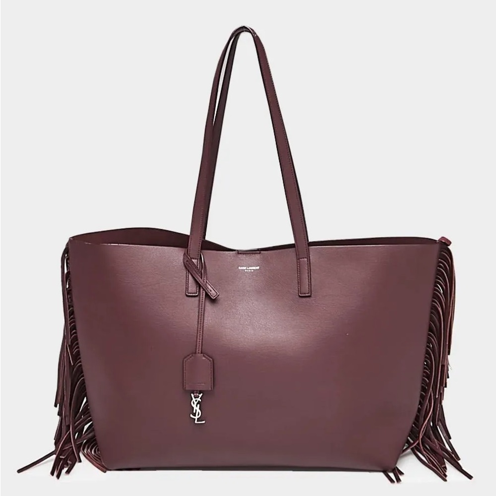 YSL Saint Laurent Large Calfskin Fringe Shopping Tote Bag Maroon - Picture 2 of 15